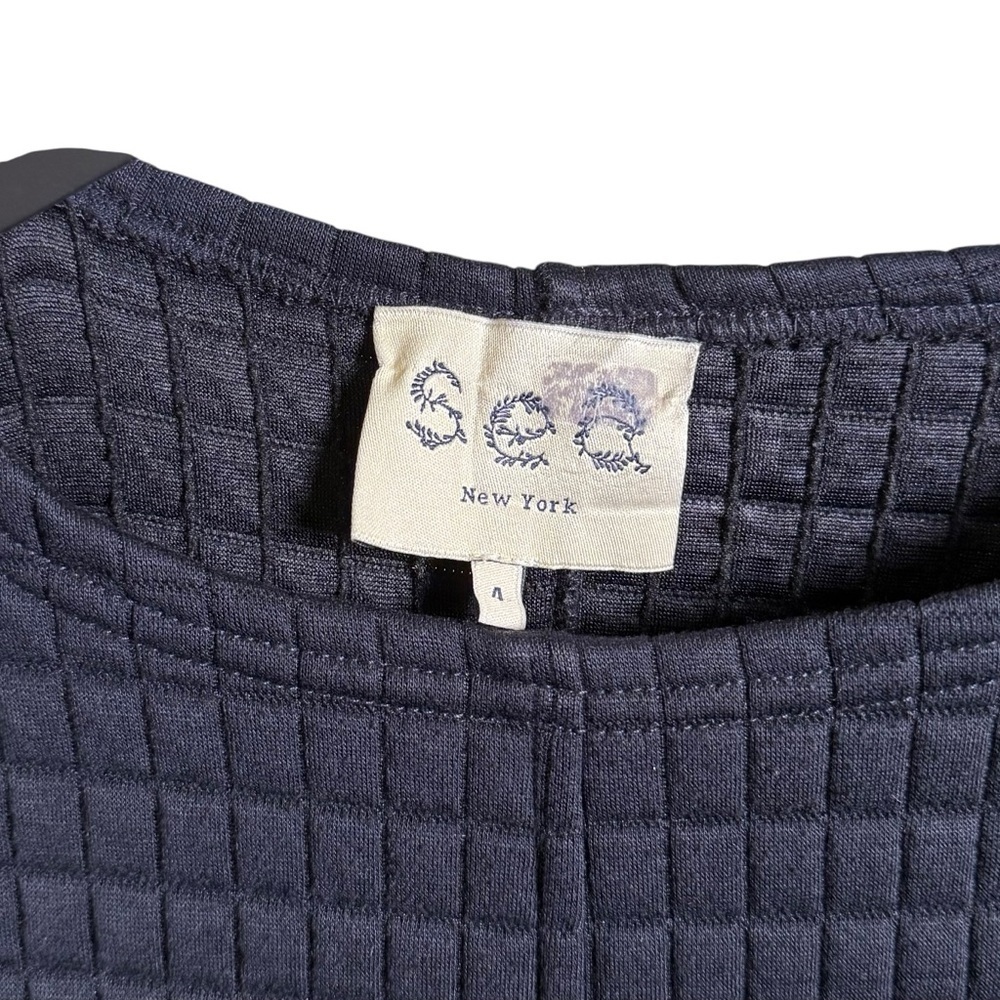 SEA New York Size 4 Navy Blue Quilted Pleated Drop Waist 3/4 Sleeve Mini Dress - Picture 5 of 6